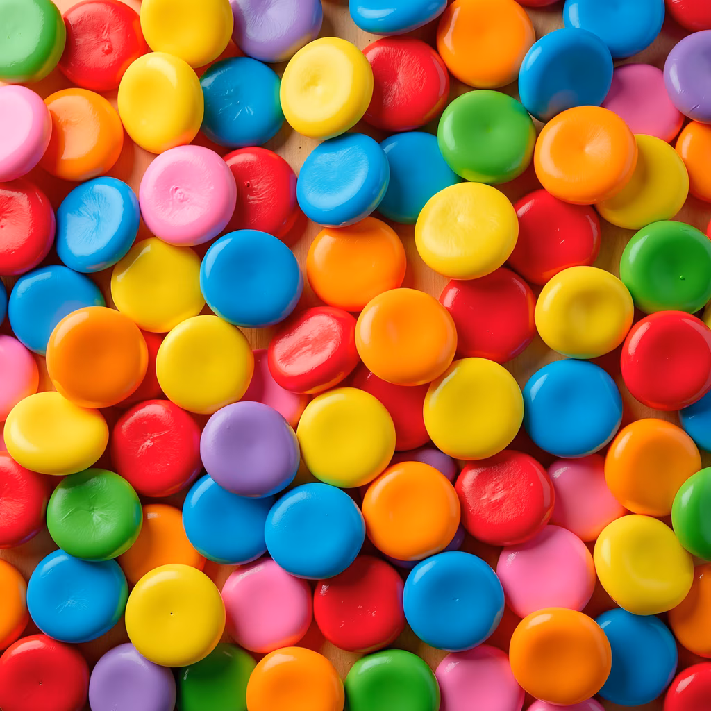 Brightly colored glossy candies on a wooden surface.