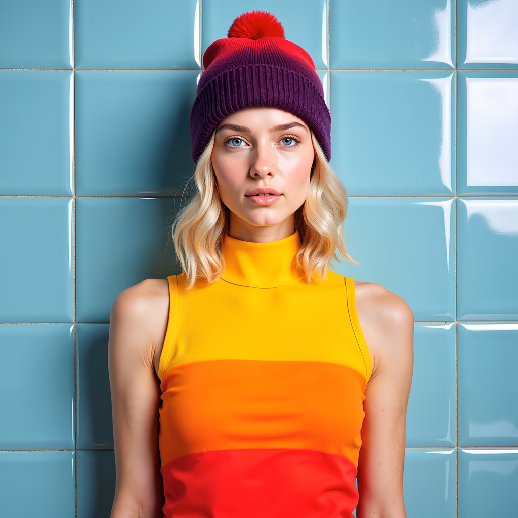 Vibrant fashion portrait with contrasting colors and textures.