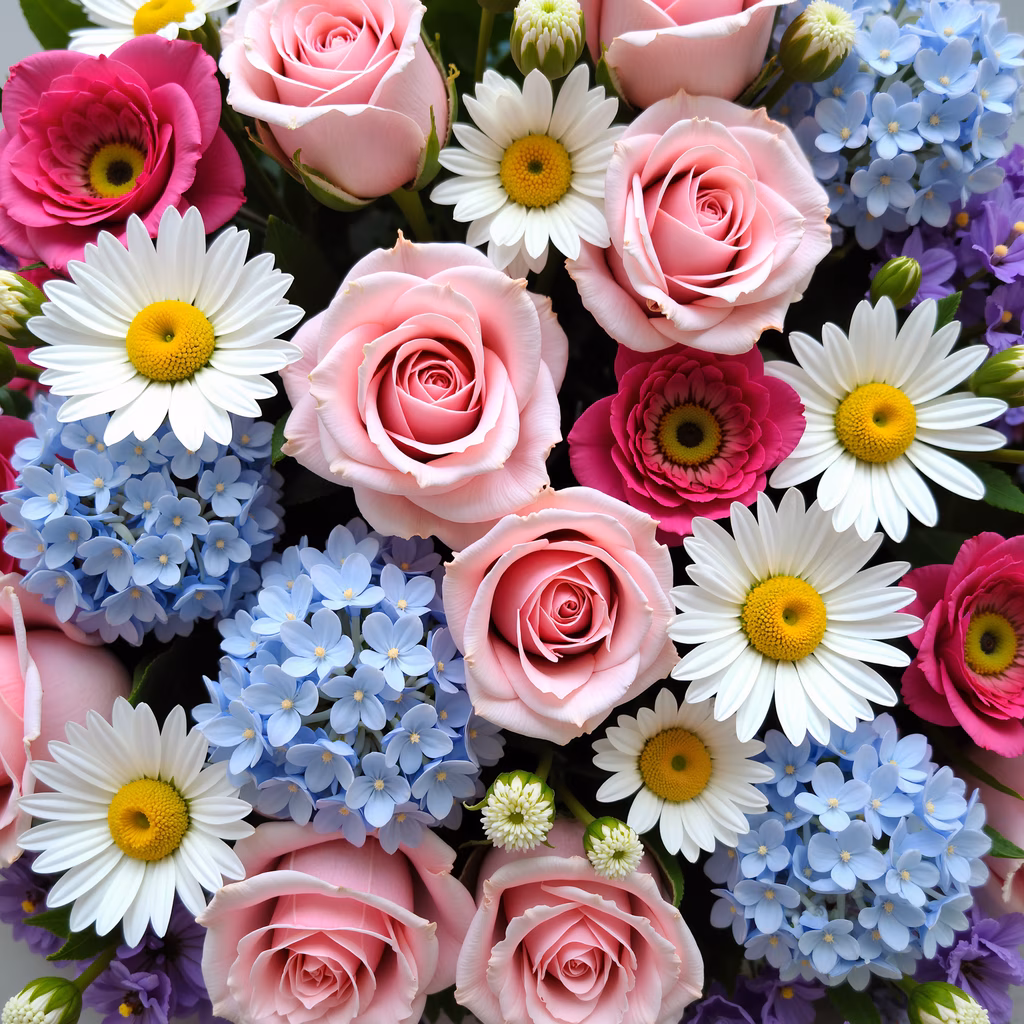 A colorful floral bouquet featuring roses, daisies, and hydrangeas in shades of pink, white, blue, and purple.