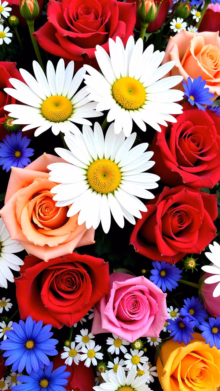 A colorful bouquet of roses and daisies celebrating life and happiness.