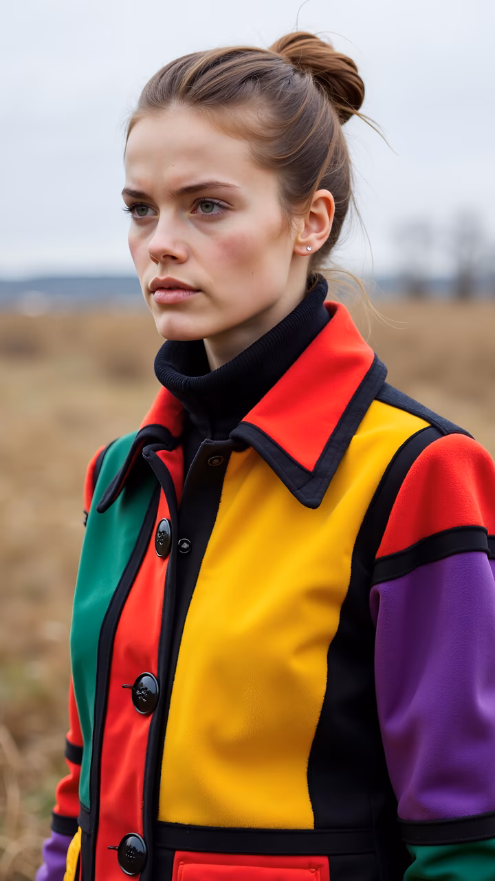 Close-up of colorful jacket in a natural setting under cloudy skies.