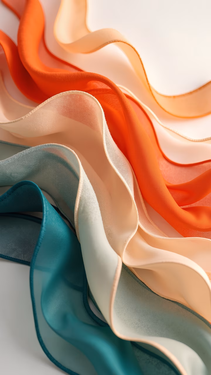 Vibrant silk ribbons in teal, orange, and cream, creating a dynamic and elegant composition.