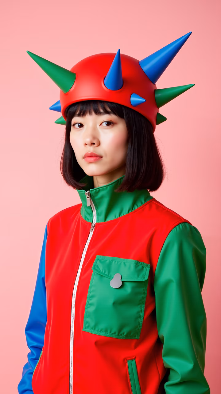 Bold fashion portrait with colorful spiked helmet and vibrant jacket on pink background.