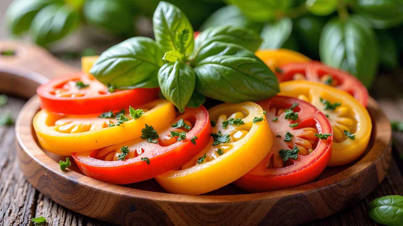 Vibrant sliced tomatoes with basil on a wooden plate, perfect for food photography.