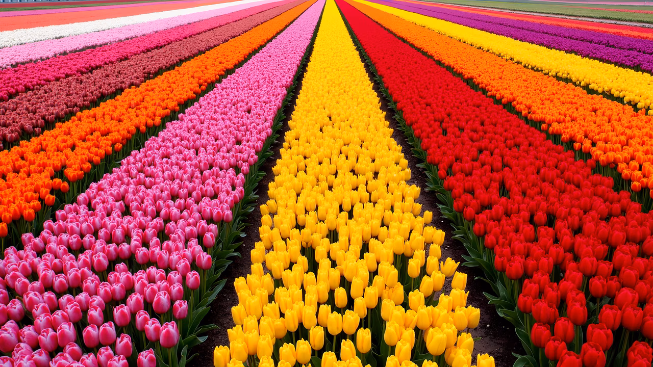 Vibrant tulip fields in springtime, showcasing nature's beauty.