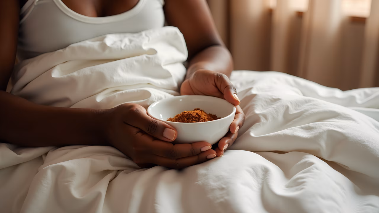 Close-up of hands holding a comforting bowl of powder on soft bedding.