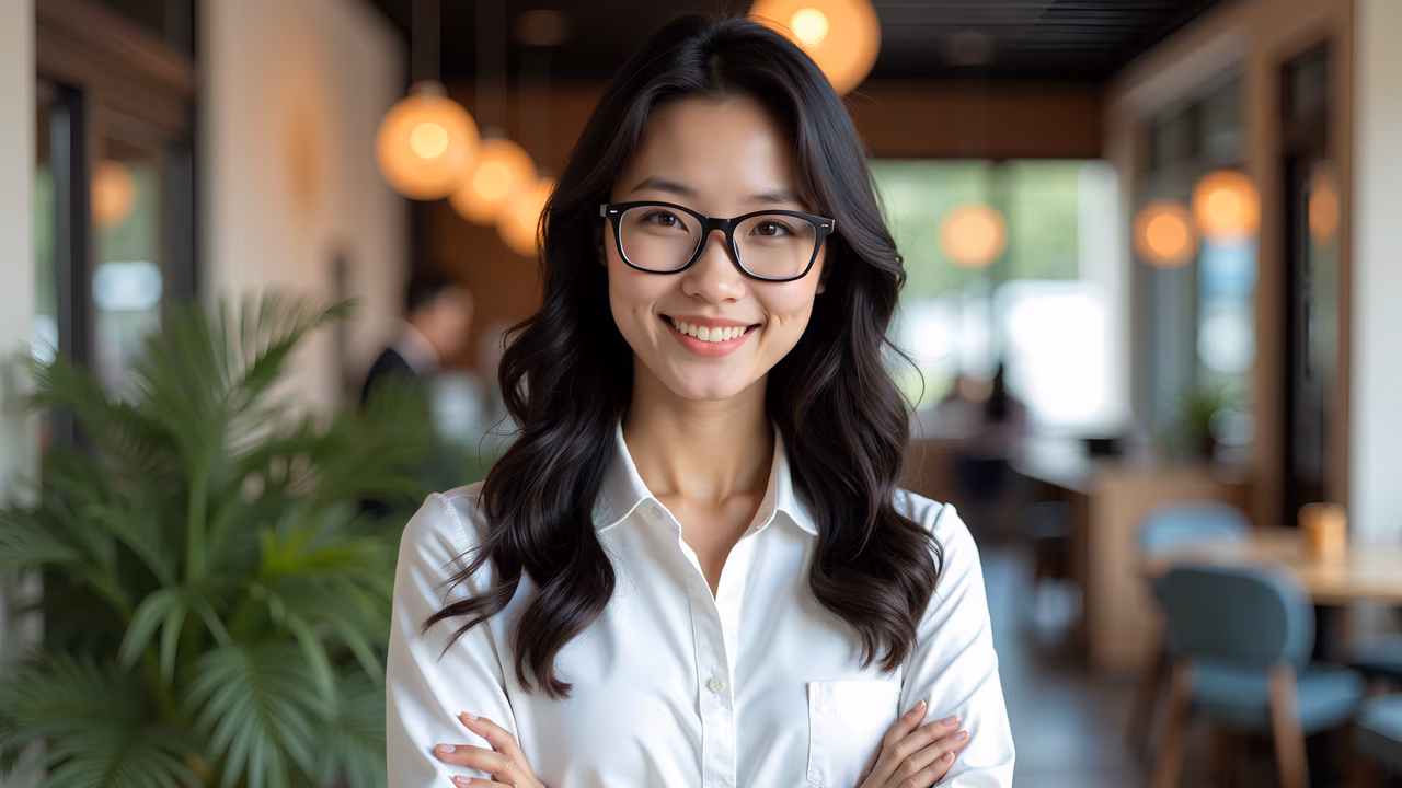 Warm smile of a confident woman in a cozy café setting.