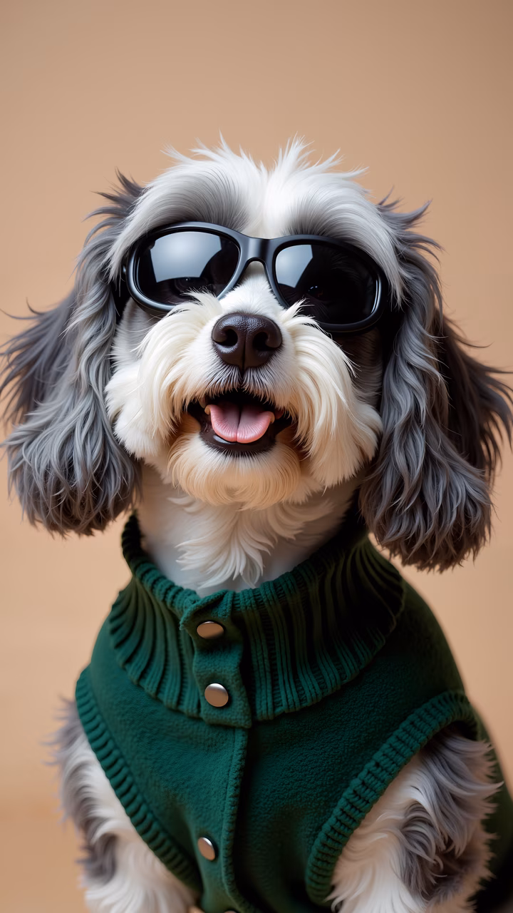 A cool dog wearing sunglasses and a green sweater against a warm beige backdrop.