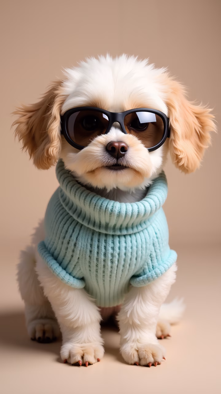 A cool pup wearing sunglasses and a mint green sweater, exuding style and charm.