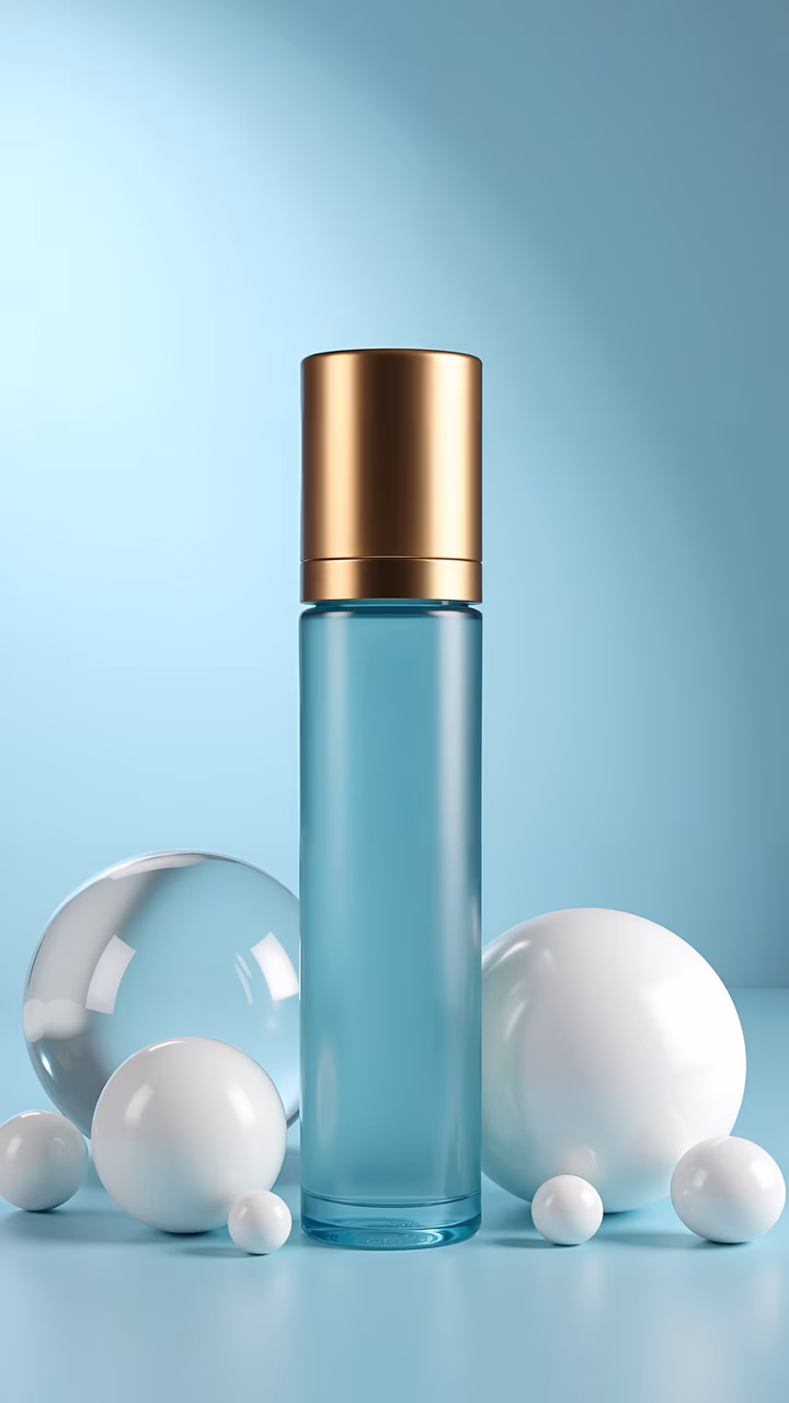 Minimalist cosmetic bottle with spherical accents on a pastel blue background.