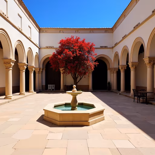 Courtyard with Red Tree