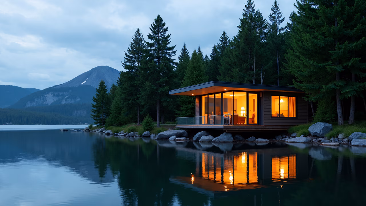 Modern cabin by calm lake, reflecting tranquility and warmth.