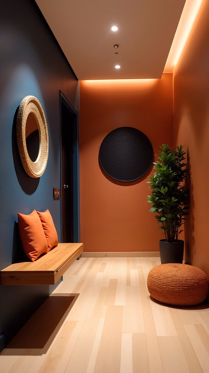 Warm and inviting hallway interior with orange and beige tones, wooden bench, and soft lighting.
