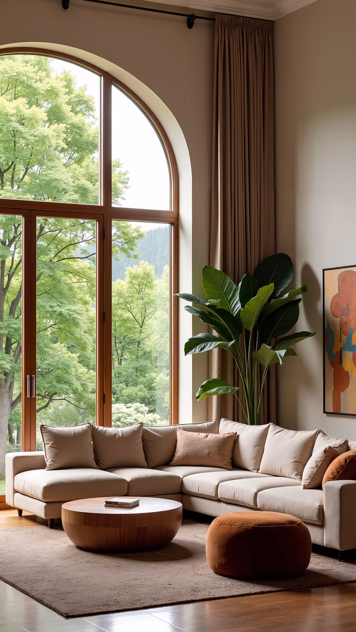 A cozy living room with a neutral sofa, earthy curtains, and a vibrant abstract painting.