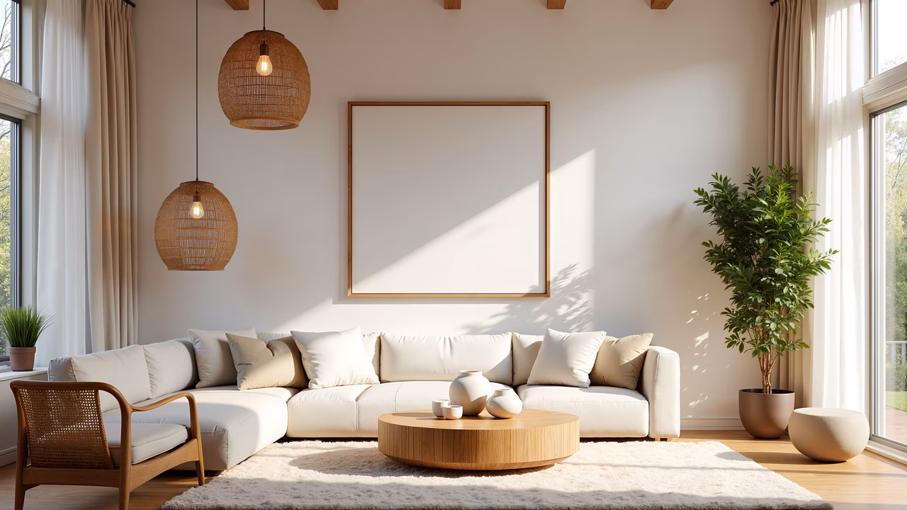 A tranquil minimalist living room with natural light and soft furnishings.