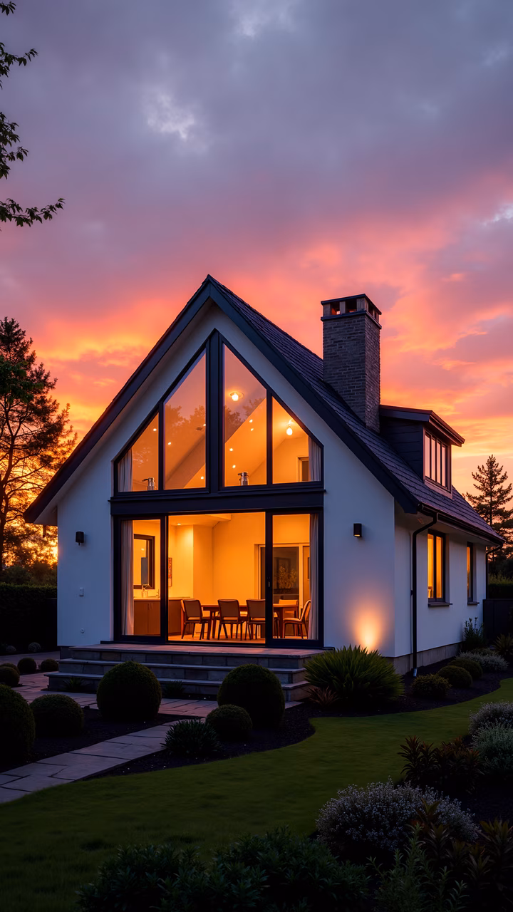 Modern house illuminated by sunset, serene and cozy atmosphere.