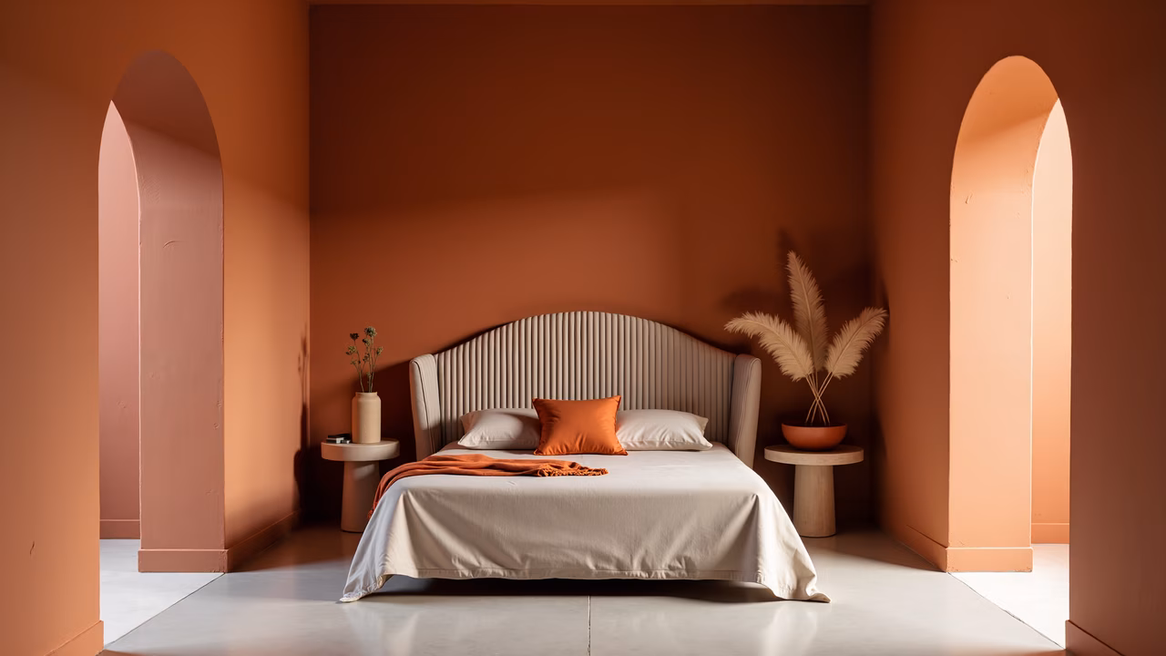 A tranquil terracotta-themed bedroom with neutral tones and natural materials.