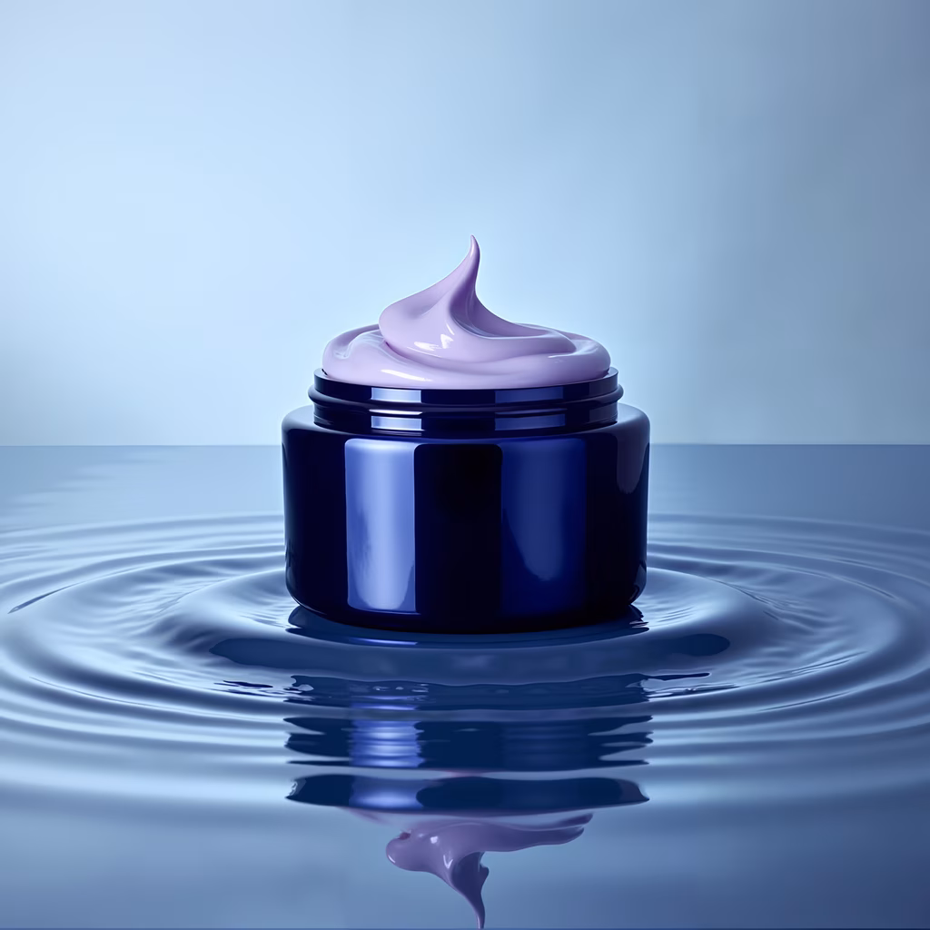 Glossy cream jar reflecting in rippling water, cool tones, luxury, tranquility