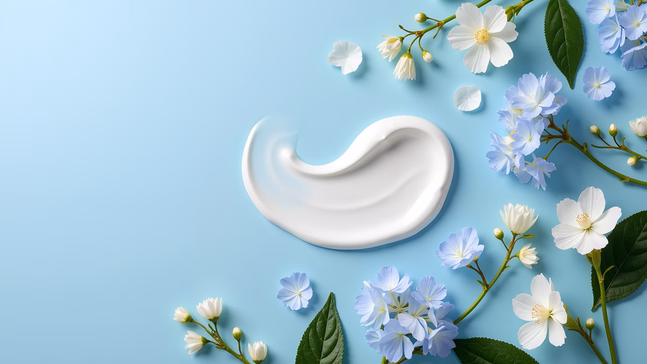 Soft blue background with creamy white substance and delicate flowers.