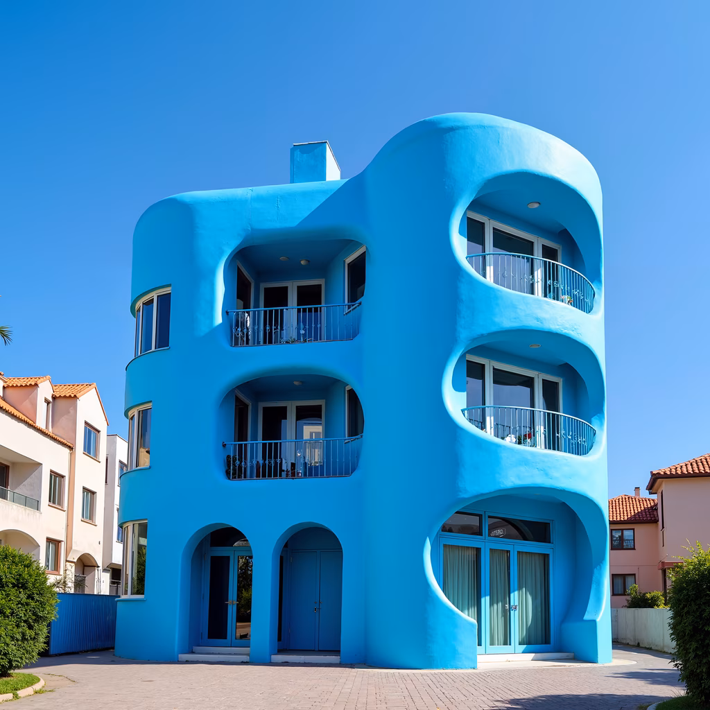 Vibrant blue curved building with modern architecture and dynamic design.