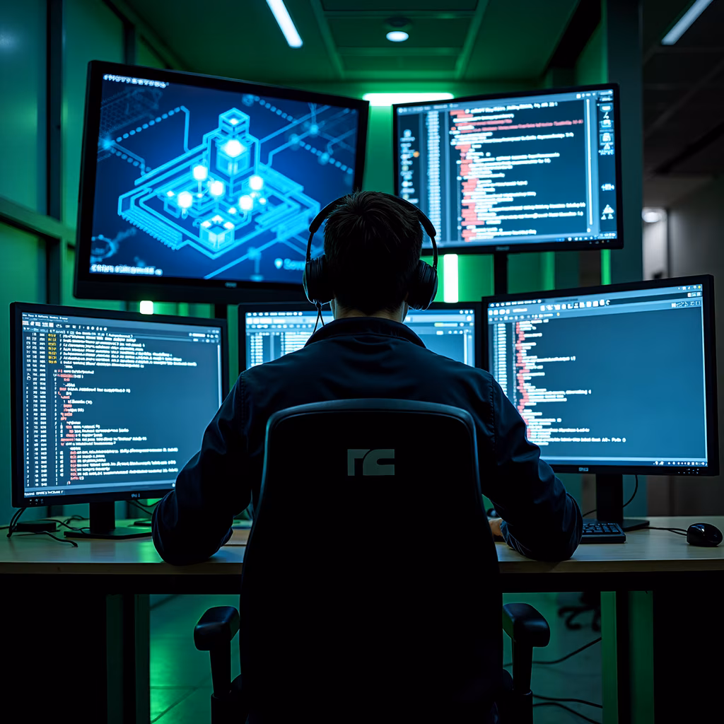 Cybersecurity analyst working with multiple monitors in a high-tech environment.