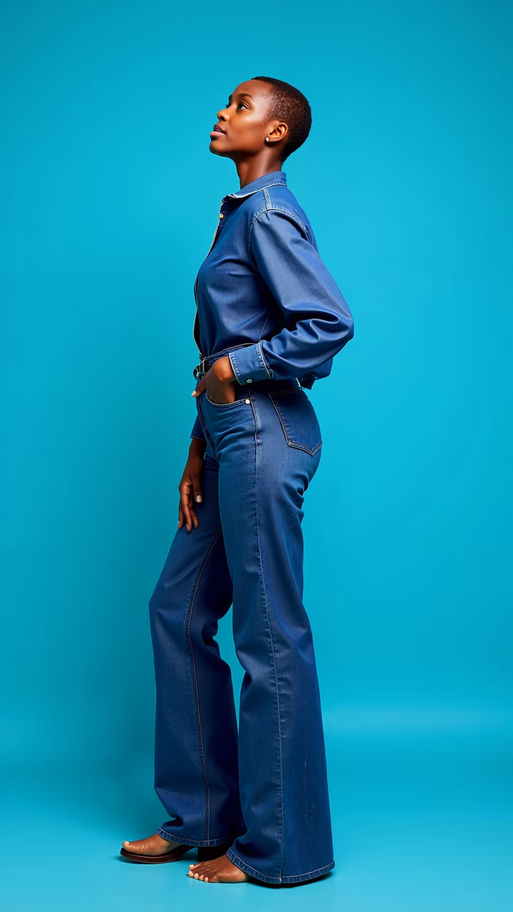 Bold denim jumpsuit against a turquoise backdrop
