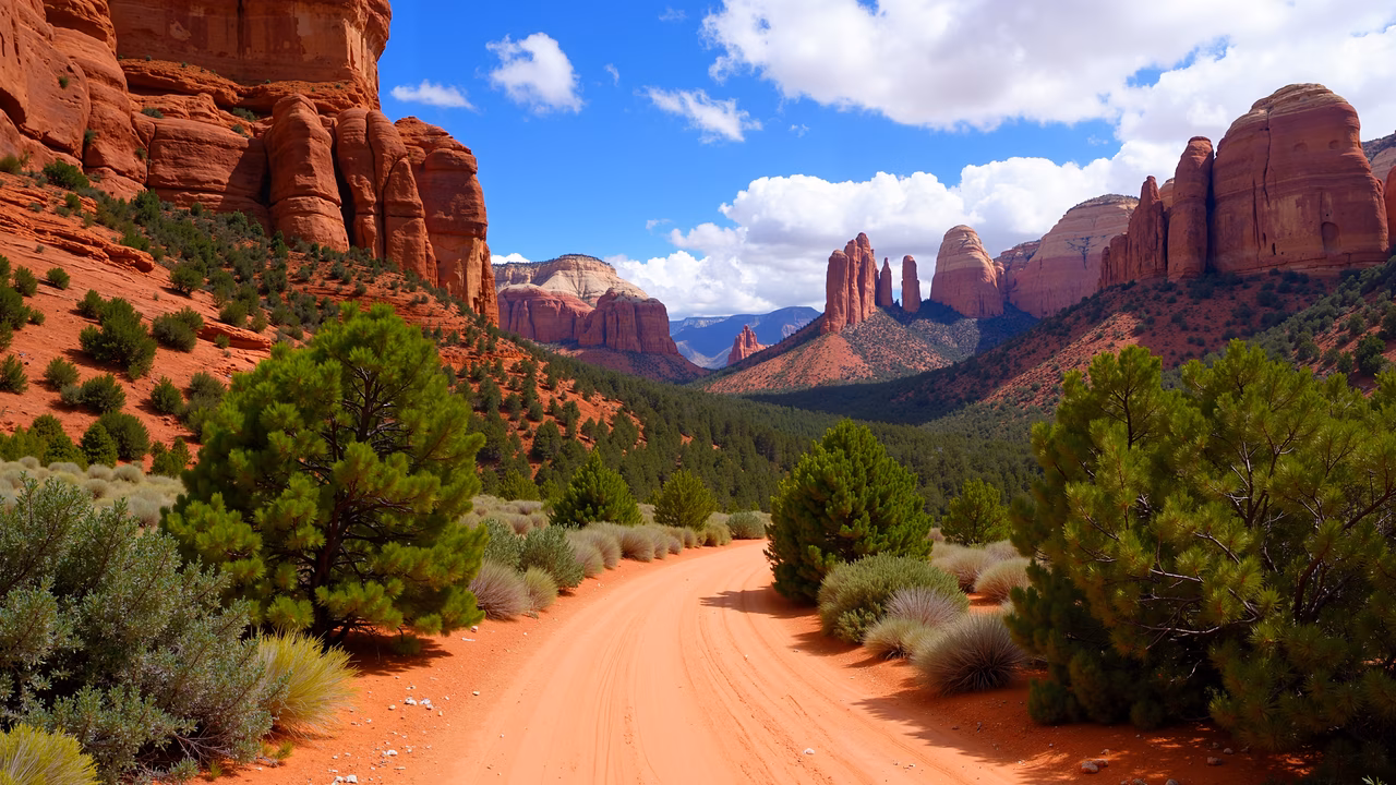 A peaceful desert road surrounded by red rocks and greenery under a clear blue sky.