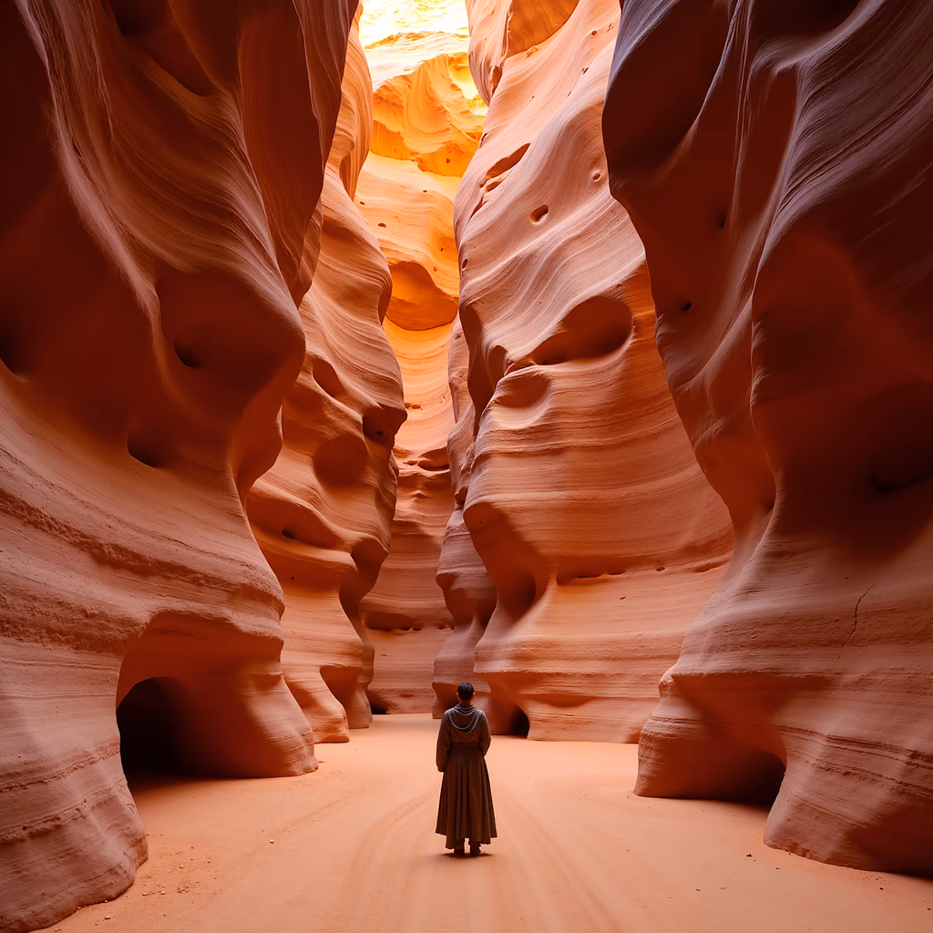 A solitary figure in a desert canyon, evoking feelings of solitude and introspection.