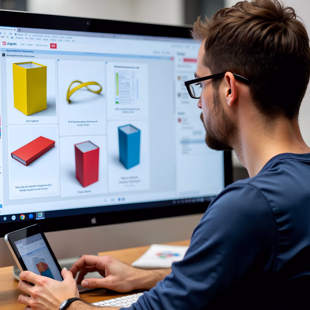 Designer reviewing 3D models on computer screen, emphasizing precision and creativity.