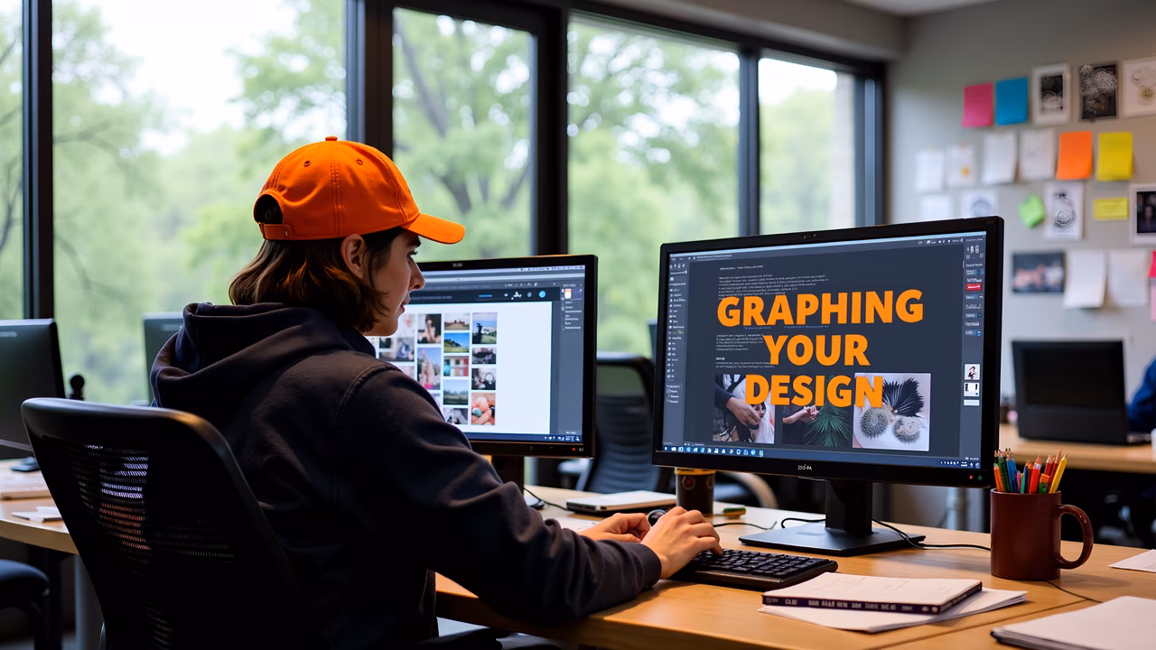 Person working on graphic design project in a bright office setting.