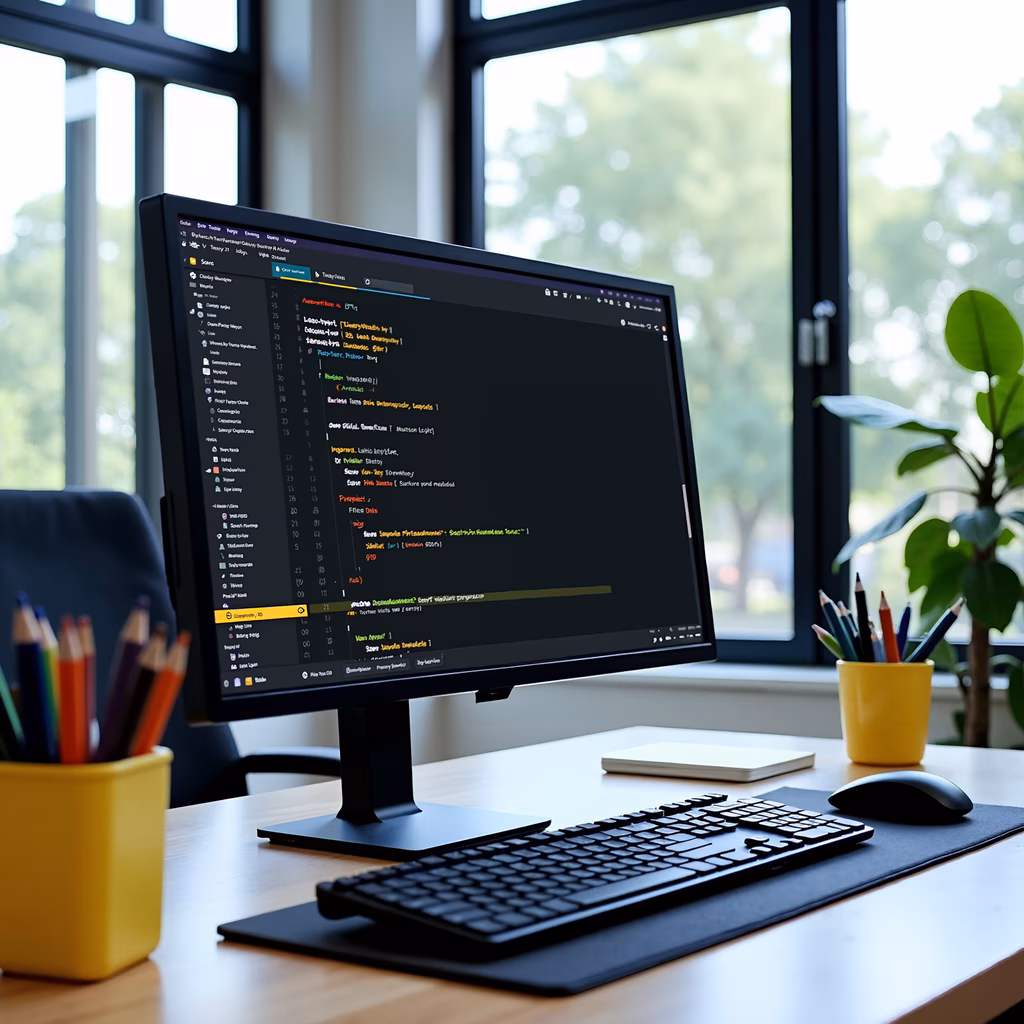 Organized desk with code on screen, bright workspace, productivity tools.