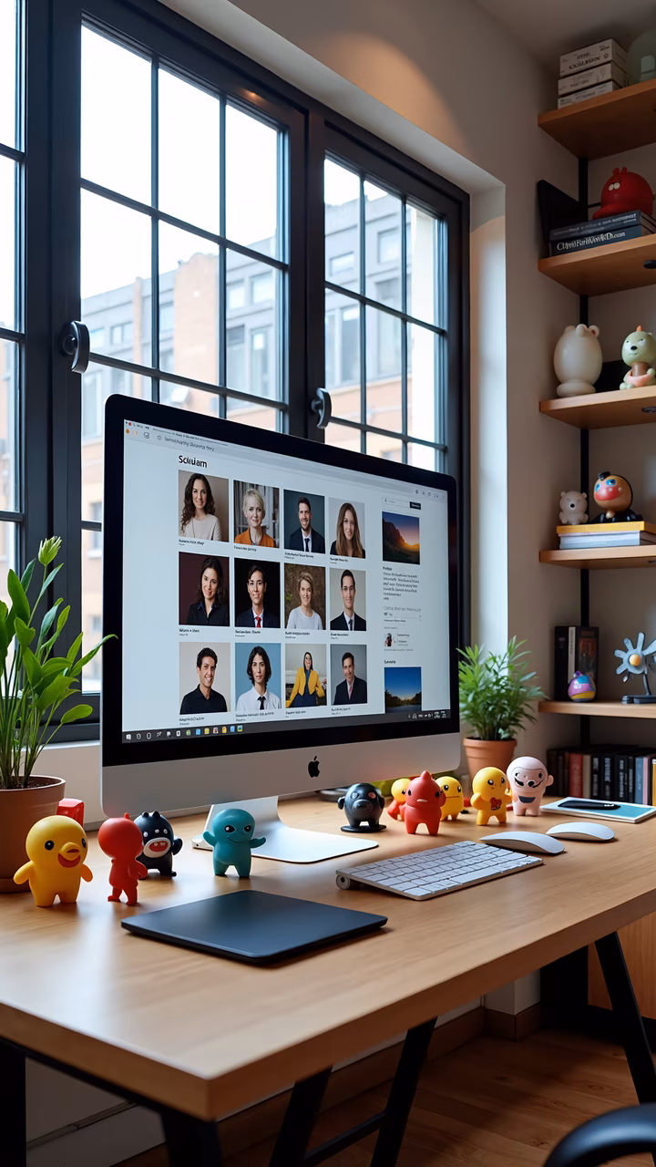A modern office workspace with colorful figurines and a large window.