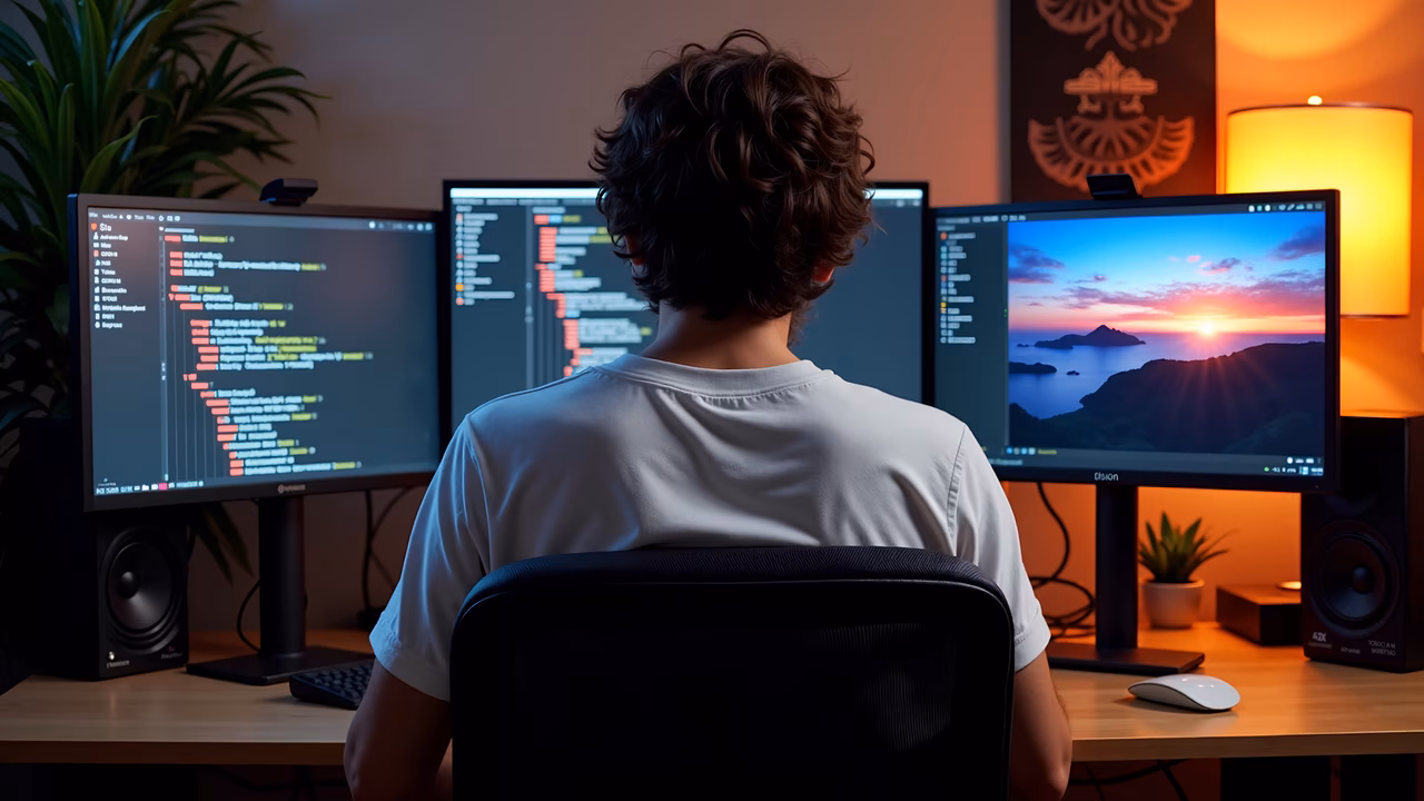 Developer working on code with a peaceful sunset backdrop.