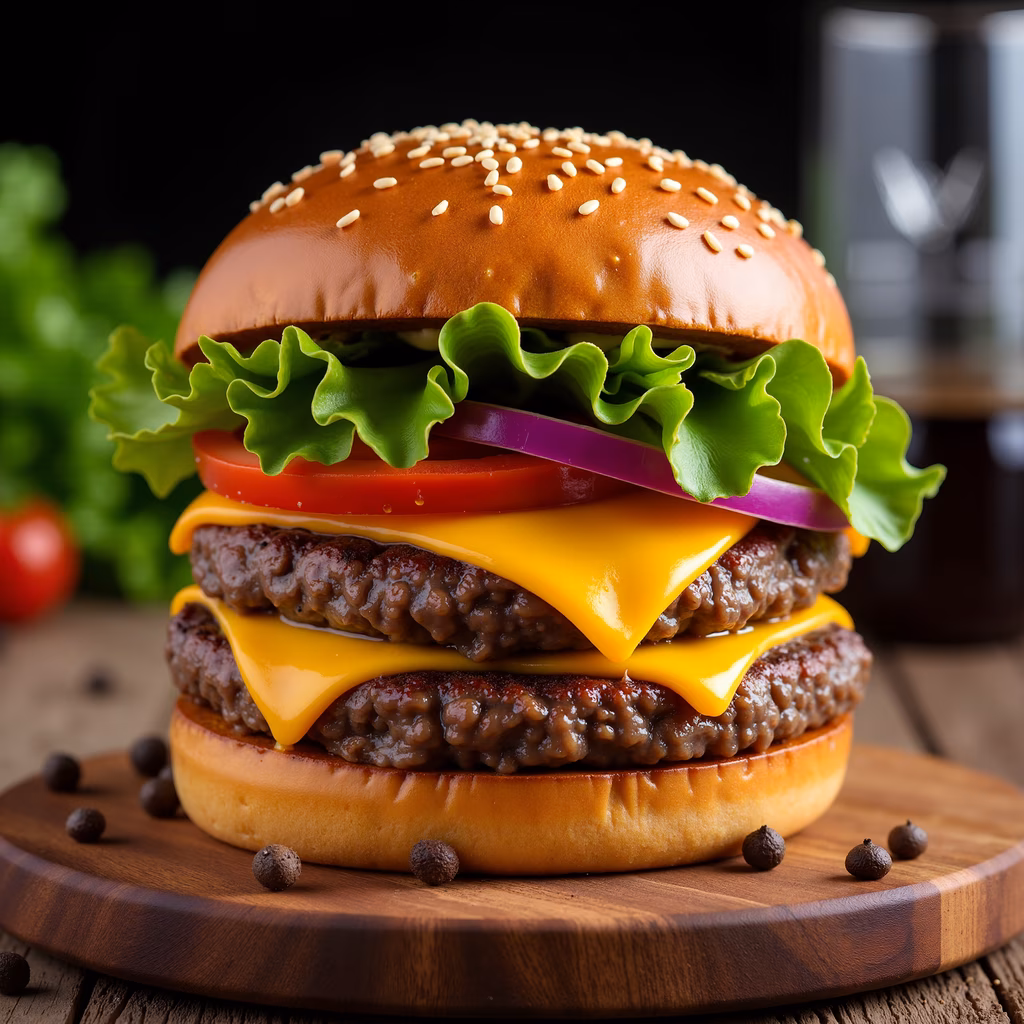 Close-up of a delicious double cheeseburger on a wooden board, highlighting its appetizing layers and vibrant colors.