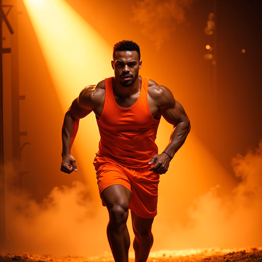 Dynamic runner in vibrant orange, captured in motion under dramatic lighting.