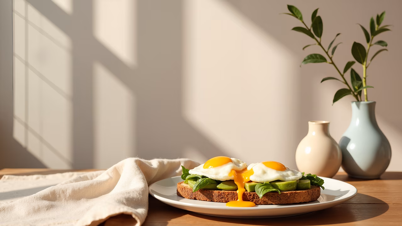 A delicious egg sandwich with avocado, captured in a cozy, natural light setting.