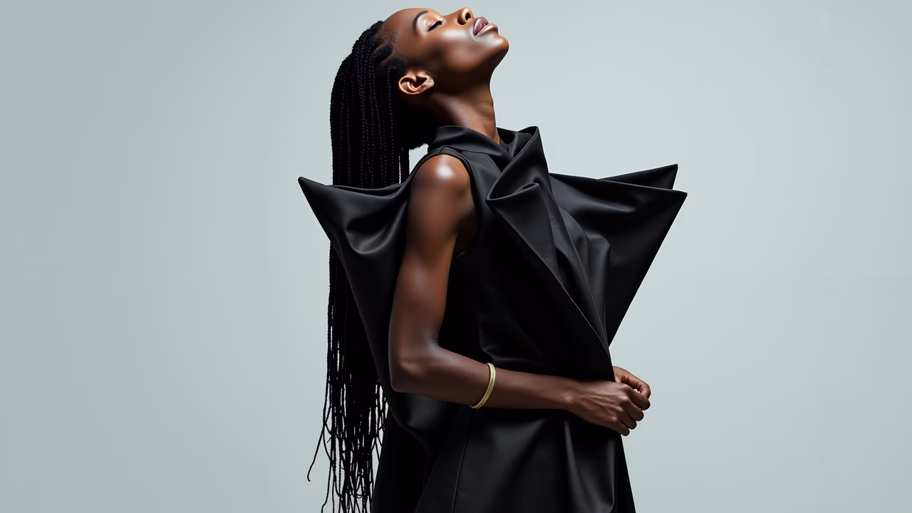 Elegant black dress with dramatic ruffles against a neutral backdrop.