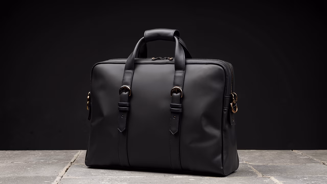 Elegant black leather briefcase with gold hardware and smooth texture.
