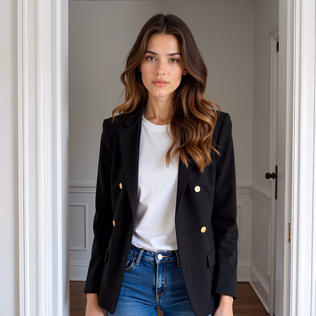 Confident woman in stylish blazer, minimalist fashion, indoor portrait.