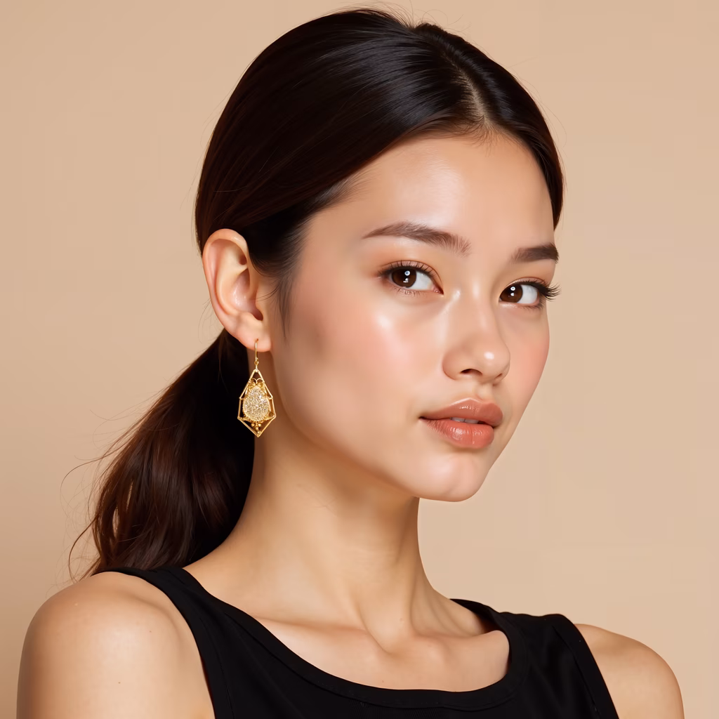 Close-up of elegant gold earrings on a woman in a black top.