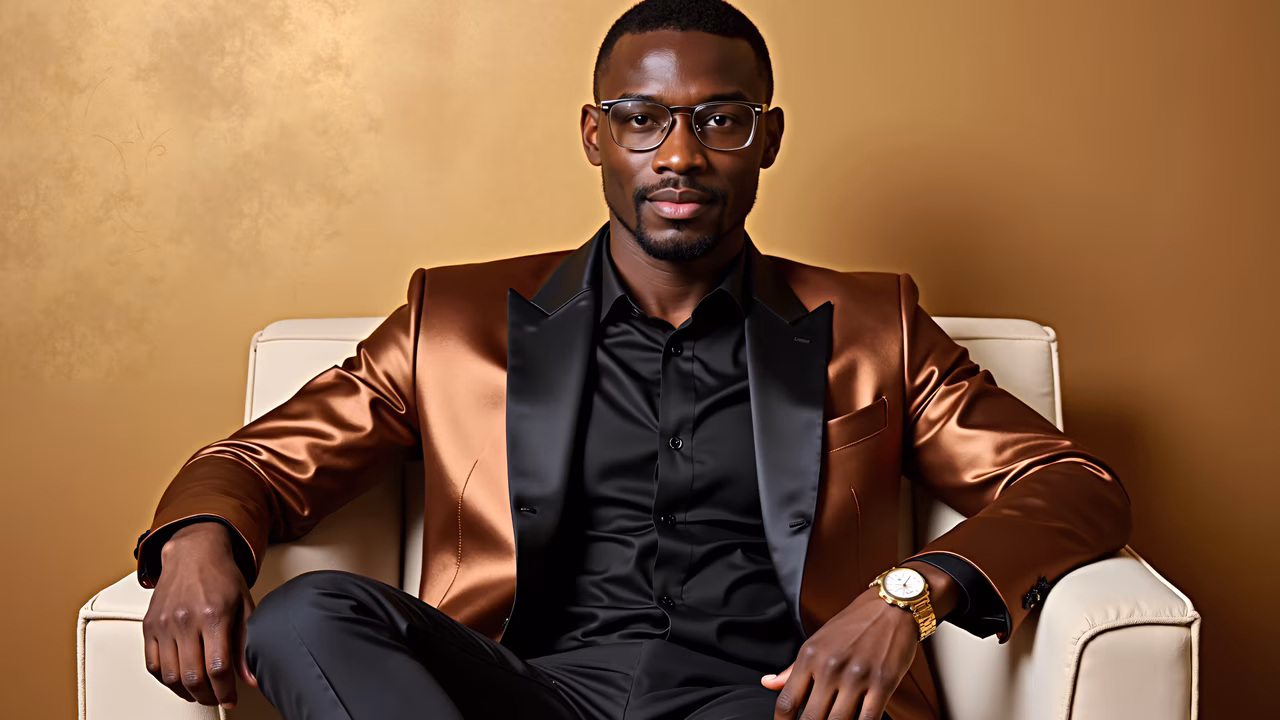 Elegant gentleman in a satin blazer, seated confidently against a golden backdrop.