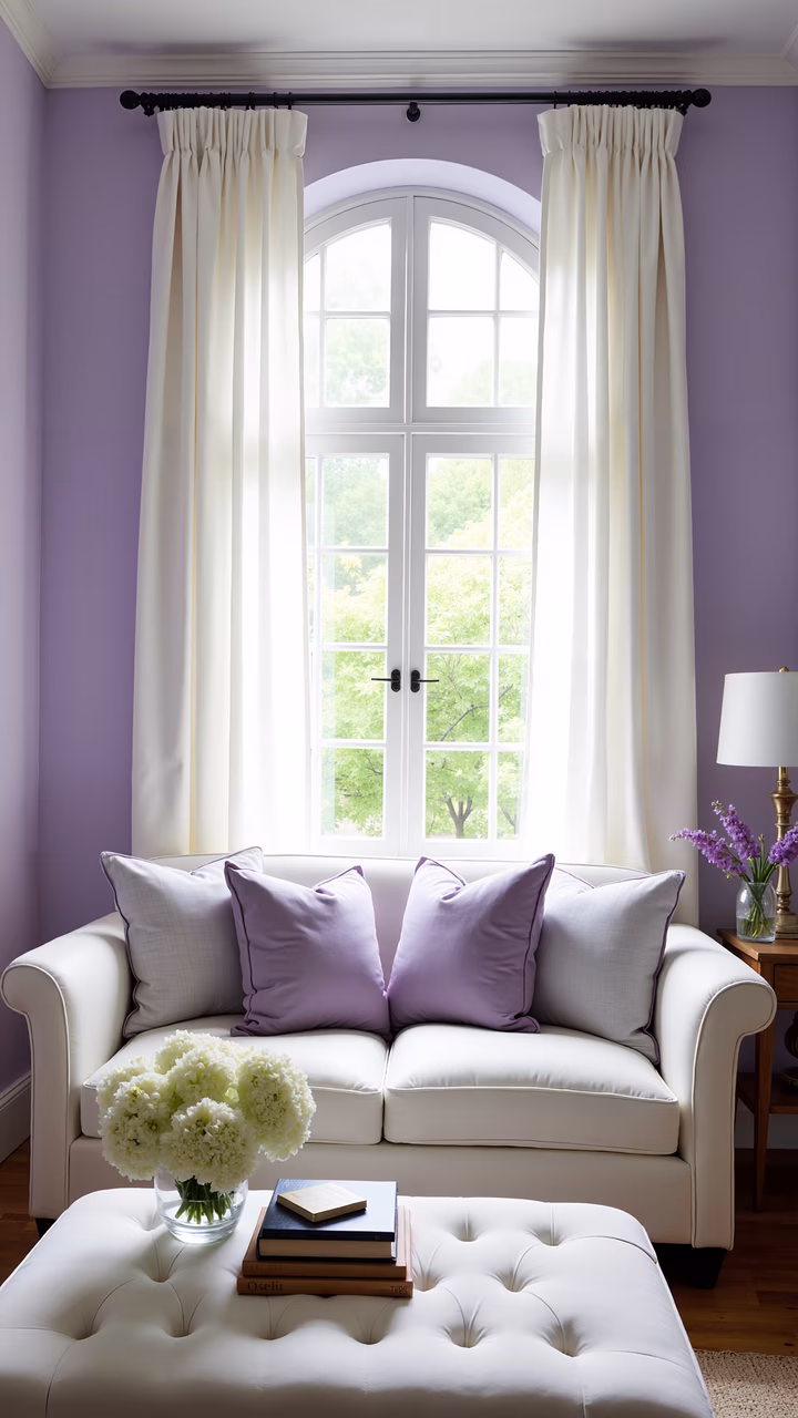 A peaceful lavender-themed living room with white accents and natural light.
