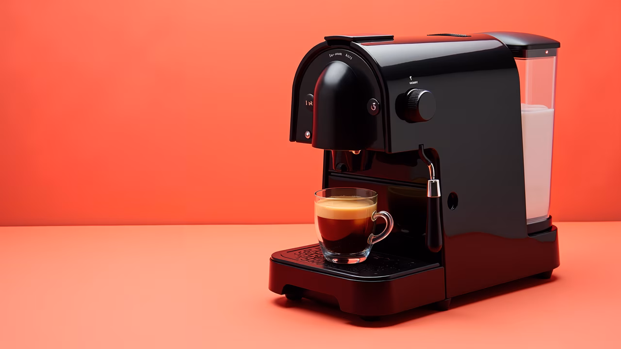 Modern espresso machine with rich coffee against a coral backdrop.