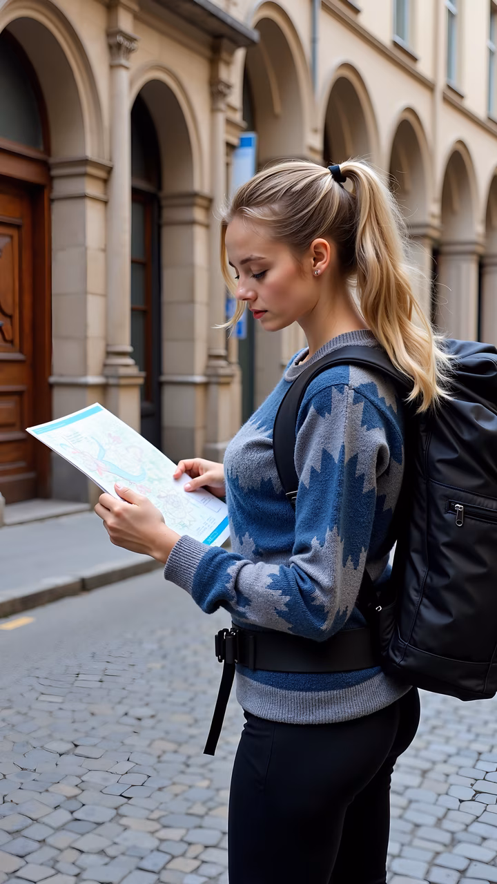Exploring historic streets with a colorful map.