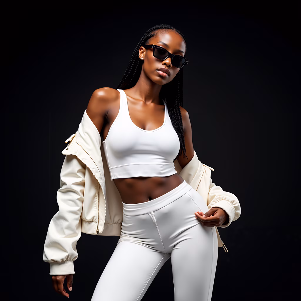 Confident fashion model in white outfit against black backdrop.