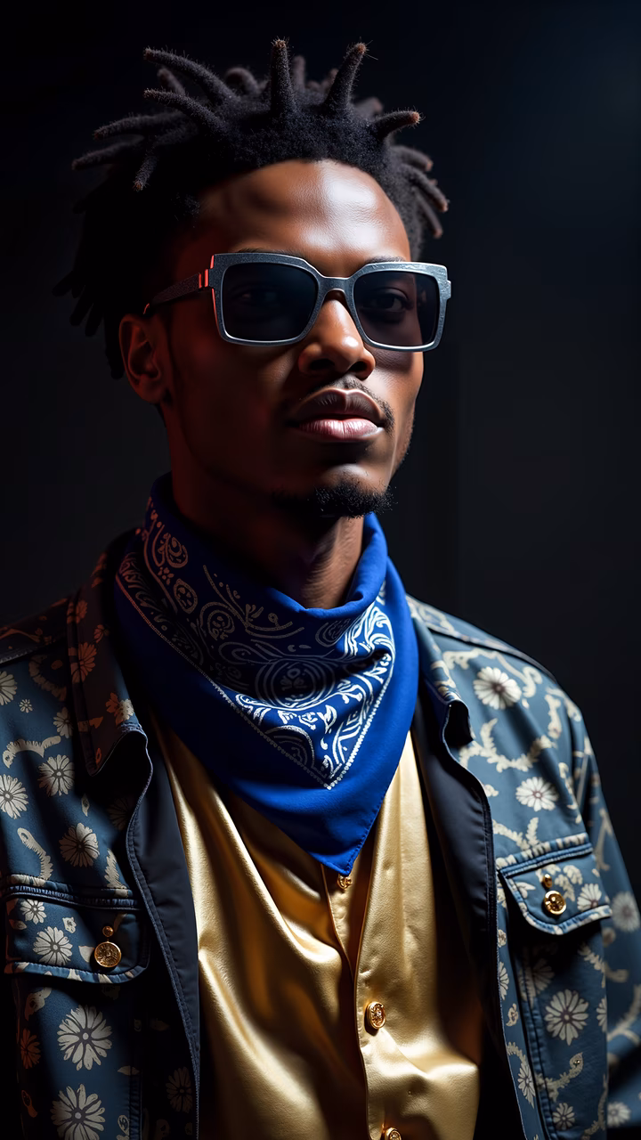 Bold fashion portrait with vibrant colors and intricate details.
