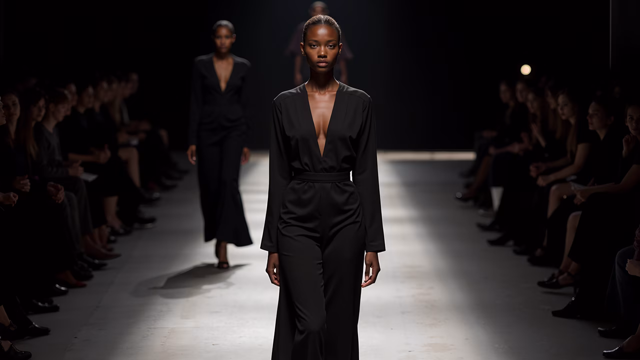 Models showcasing elegant black outfits on a fashion runway.