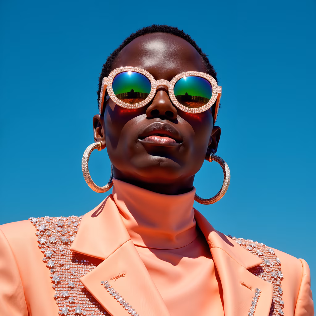 Bold fashion statement with oversized sunglasses and pink jacket against a blue sky.
