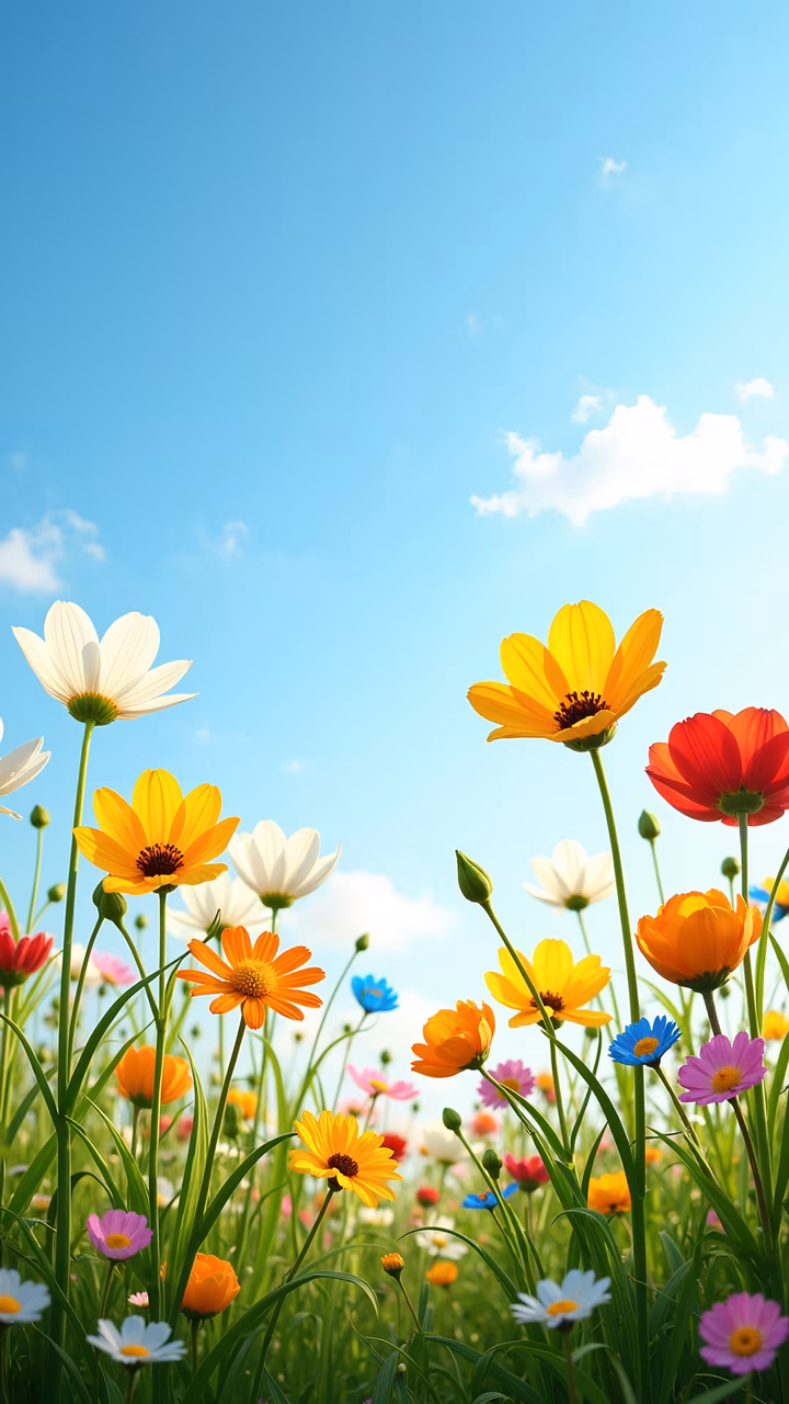 Brightly colored flowers under a sunny sky, celebrating nature’s beauty.