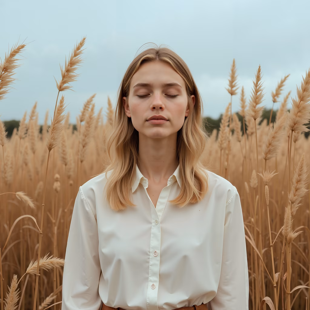 A tranquil portrait of a person in a wheat field, evoking peace and serenity.